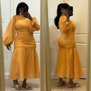 Yellow Smocked Midi Dress